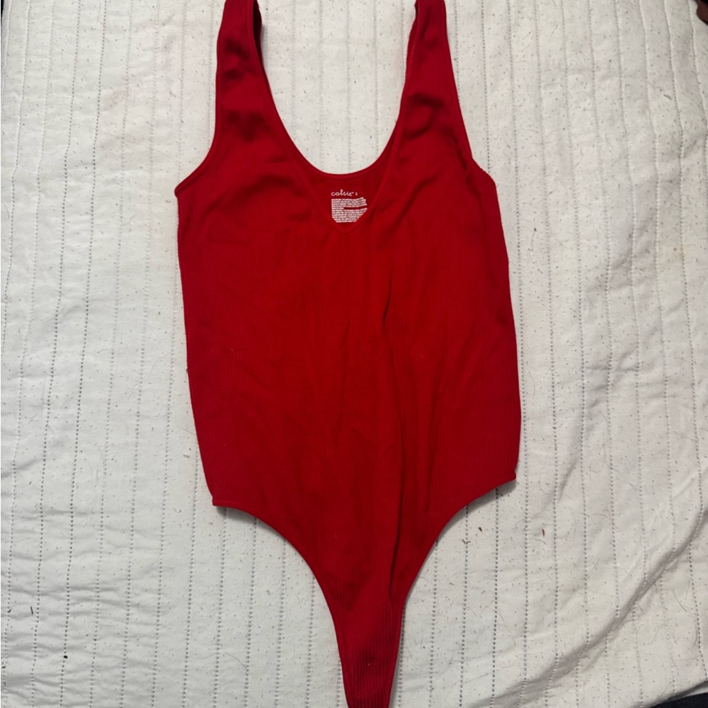 Colsie Red Ribbed V-Neck Bodysuit